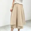 Pantalones anchos estilo japonés Issey Miyake para mujer, cintura alta elástica, corte holgado, adelgazantes, pantalones tipo falda cropped, pantalones casuales versátiles para el trabajo