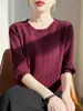 Suéter de tricô feminino transfronteiriço com gola redonda, novo estilo outono e inverno 2026, design vazado, mangas de três quartos, blusa básica pulôver solta, suéter fino