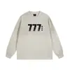 Camiseta de manga larga con estampado de números 777, top casual de cuello redondo, estilo para primavera y otoño para hombre, bordes deshilachados, aspecto vintage, camiseta de algodón puro, moda urbana