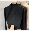 Camiseta de Punto con Flecos Auriculares Oreja de Trigo para Primavera y Otoño Cuello Semi-alto Camiseta Básica Suéter Básico Blanco para Mujer Top para Mujer