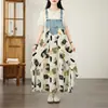Vestido de Verão 2026 Novo Estilo com Babados, Solto, Chiffon Estampado, Design em Jeans, Suspensório, Comprimento Médio