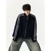 Sudadera Deportiva con Cuello Alto a Rayas para Hombre Nueva Retro Japonesa Holgada Adelgazante Manga Raglán Cárdigan Chaqueta con Capucha Casual