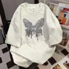 Camiseta Casual de Manga Curta com Estampa de Borboleta Graffiti Design de Nicho para Mulheres Retro Americano Verão 2026 Top Solto