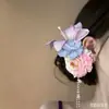 Grampo de Cabelo Flor Roxa Suave Estilo Novo com Fita Longa, Presilha Bico de Pato Doce Estilo Floresta para Mulheres