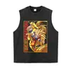 Camiseta estampada de manga curta, lavagem floral estilo americano, preto desgastado, corte solto oversized, design de anime moderno, ombro caído, manga curta