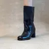 Botas de montar de encaje estilo retro para mujer, negras, punta redonda, aptas para todas las estaciones, con tacón grueso, efecto adelgazante, versátiles y un nuevo diseño para el uso diario, de longitud hasta la mitad de la pantorrilla