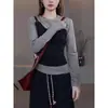 Suéter de Tricô Falso Duas Peças Color Block para Mulheres, Novo Estilo Outono Inicial 2026, Top Base Ajustado, Versátil