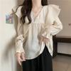 Tamanho grande estilo francês V-collar gola de babado camisa de manga comprida para as mulheres primavera gordinho meninas emagrecendo carne de carne cobrindo chic barriga cobrindo top