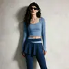 Conjunto de Yoga Fitness Feminino Tecido de Secagem Rápida com Bojos Manga Longa Gola Quadrada Cintura Alta Saia-Calça Color Block Anti-Exposição Outono