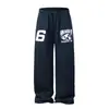 Pantalones Largos de Pierna Ancha Azules Bordados y Afelpados Estilo Americano Unisex Estilo Perezoso de Primavera Versátiles Casuales Deportivos Pantalones de Chándal