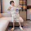 Pijama infantil de manga curta com desenho, conjunto fino novo de verão para crianças maiores e alunos do ensino fundamental, conjunto de roupa de casa com gola redonda