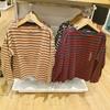 Estilo Japonês~Camiseta Listrada Manga Longa Francesa Gola Canoa Solta Design com Fenda Moda Casual Nova Roupa Feminina Sy460297