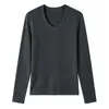 Camiseta básica de lana de acetato para mujer de otoño e invierno, camiseta de cuello en U de Tencel Lyocell estilo coreano, top de punto a rayas de manga larga ajustado