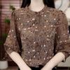 Dropshipping Moda Estampada Delgada Reductora de Edad Camisa de Manga Tres Cuartos Verano 2025 Nuevo Estilo Elegante Suéter Blanco para Mujer