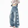 Jeans de pierna curva con estampado de estrellas laterales estilo americano, unisex, casual de alta costura para otoño, de largo hasta el suelo, corte holgado, pantalones de pierna ancha lavados