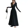 Vestido Largo Elegante de Encaje Negro con Retazos, Estilo Nuevo Sexy para Mujer, Primavera y Otoño, Transfronterizo, Ceñido a la Cintura, Adelgazante, Corte A