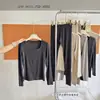 Camiseta de manga larga acanalada estilo francés con cuello cuadrado, top de otoño delicado y ajustado, escote bajo que revela la clavícula, creando un look estilizado y esbelto. 3266
