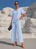 Conjunto de Verano para Mujer de Color Sólido Casual con Cuello en V y Manga Corta, y Pantalones Anchos Acortados - Cruzado Europeo y Americano Amazon Tk