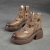 Shanghai Jiejie Verano Nuevo Tacón Alto Zapatos con Agujeros Sandalias Huecas Cremallera Lateral Piel de Vacuno Superior Punta Redonda Zapatos Gruesos de Mujer