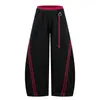 Pantalones casuales de doble capa con diseño de bloques de color a rayas estilo americano, interior rojo, curvos, unisex, elegantes, holgados, casuales, de pierna ancha