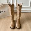 Botas Curtas Marrons de Salto Grosso e Alto para Mulheres 2025 Novas Botas Slouch de Primavera e Outono Botas Ocidentais de Cowboy Botas de Cano Alto Martin