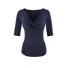 Camiseta sexy y elegante de manga media con cuello en V para mujer, simple y juvenil para el verano, corte ajustado, casual y versátil, top ligero