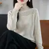 Suéter con Dobladillo Enrollado Cuello Semi Alto Hueco para Mujer Otoño/Invierno Nuevo Estilo Holgado Adelgazante Color Sólido Manga Larga Top Base de Punto