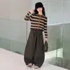 Conjunto de Suéter Rayado para Niñas Atuendo de Otoño 2026 Nuevo Estilo Coreano Cárdigan para Niños Mayores Pantalones Casuales de Pierna Ancha para Primavera y Otoño
