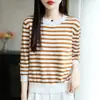 26 Novas Cores de Primavera e Verão Color-Blocking Algodão Puro Listrado Moda Jovem Tricô Manga Longa Gola Redonda Suéter Top Feminino