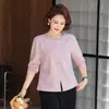 [Venta al por mayor para supermercados] Camiseta de cuello redondo de manga larga para mamás jóvenes que cubre el abdomen para moda de mujer de 35 años
