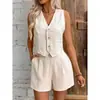 Conjunto de Chaleco y Shorts de Lino Estilo Europeo y Americano Transfronterizo para Primavera/Verano Casual de Oficina Chaleco de Botones Delanteros Cuello V Ropa de Verano