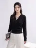 Suéter de lana tipo pullover, elegante, maduro y casual, nuevo para principios de otoño, color liso, cuello en V, manga larga, entallado a la cintura, top para mujer