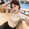 Camisa Polo de Tricô Color Block Listrada com Gola Reversível, Estilo Novo Primavera/Verão Transfronteiriço para Mulheres, Manga Curta, Design Simples e Versátil, Estilo Curto