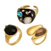 Anillo Abierto Estilo Lujo Ligero Transfronterizo Europeo y Americano con Goteo de Aceite Negro, Conjunto de Anillos Personalizados con Piedra de Ojo de Tigre, Acero Inoxidable Oro 18K