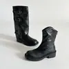 Botas de Media Pantorrilla con Hebilla Diaria para Mujer 2026 Verano Nuevas Suela Gruesa Tacón Grueso Botas de Motociclista Punta Redonda Color Sólido Botas de Moda