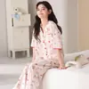 Pijama de Algodão Trançado Respirável para Verão 2026 para Mulheres, Manga Curta Calça Longa, Algodão Puro Amigo da Pele Fofo Desenho Animado Roupa de Casa Conjunto de Três Peças
