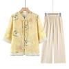 Traje de verano de algodón y lino para madre de mediana edad, camisa de manga corta, conjunto de dos piezas de estilo nacional chino nuevo de verano para mujer de mediana edad