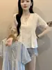 Camisa Azul Casual de Manga Corta para Mujer Talla Grande Verano MM Gordita Cubre Defectos Top Adelgazante Sensación de Alta Gama Hombro Recto Chic Top Pequeño
