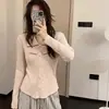 Top de malha feminina com gola polo e laço estilo Chanel, manga longa, corte justo, cinza, tamanho único