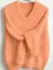 Suéter de punto de lana con cuello en V para mujer, superventas transfronterizo de otoño e invierno, suave y cómodo, adecuado para ir al trabajo, simple y versátil, suéter de punto de color liso
