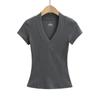 Camiseta de manga corta con escote en V y hombros descubiertos para mujer, estilo Spice Girl, de color liso, ajustada y adelgazante, primavera/verano 2025