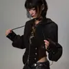 Chaqueta de retazos con cinturón estilo postapocalíptico para mujer, nicho de subcultura punk, con botones, para atar, manga abullonada, con capucha, cárdigan corto