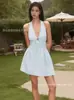 Vestido de Playa de Vacaciones Estilo Americano Transfronterizo Nueva Moda Chica Picante, Elegante y con Estilo Vestido Corto de Línea A con Rayas, Cuello Halter en V