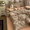 Juego de cuatro piezas de algodón acolchado de doble capa de gasa, amigable con la piel y suave, funda de edredón, sábana para cama de dormitorio de estudiante, juego de tres piezas para dormitorio