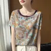 Nuevo top de estilo chino para mujer verano 2026, cuello redondo estampado elegante ajustado, camiseta ligera de manga corta