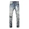 Jeans de mezclilla ajustados tipo skinny para hombre, de estilo americano, con parches rasgados, graffiti y letras, de moda, transfronterizos