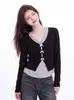 Camiseta de Manga Larga con Cuello en V y Lazo, Estilo Falso Dos Piezas, para Mujer, Otoño, Nicho, Corte Ajustado, Top Corto con Hombros Normales, Adecuado para Tallas Pequeñas