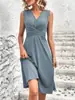 Producto Nuevo Transfronterizo Verano 2025 Color Sólido Cuello en V Cintura Cruzada Plisada Sin Mangas Longitud Media Falda Vestido Largo para Mujer