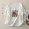Foto Real de Novas Camisetas Casuais Estampadas Retro 2025 com Gola Redonda Curta Soltas para Mulheres