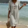 2026 Nuevo Vestido Largo Rayado de Cuello en V con Volantes y Botones Transfronterizo Moda Casual para el Trabajo Falda Larga Estilo Verano para Mujeres
